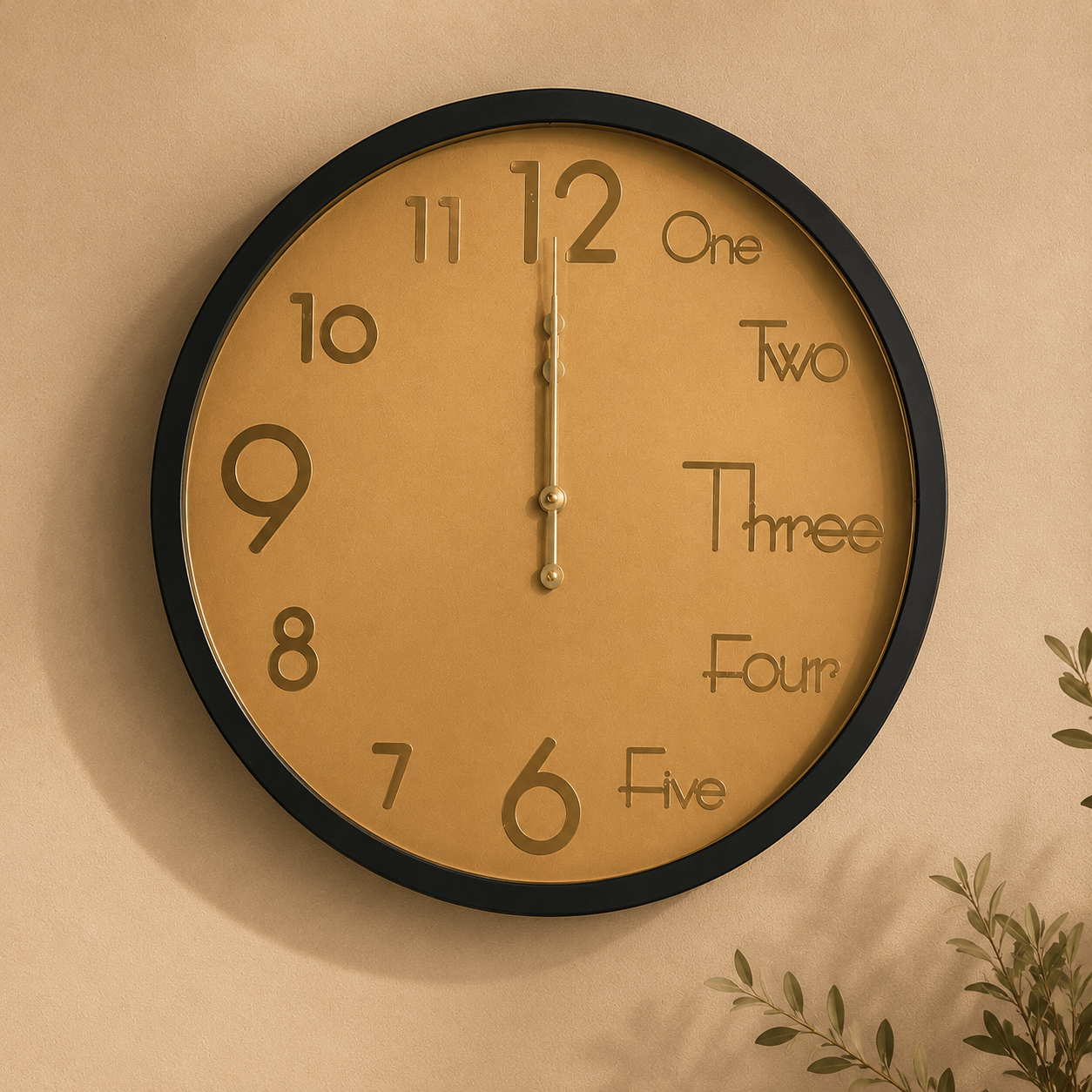 Horloge dorée HomeDeLuxe avec cadran rond et chiffres noirs, design élégant pour décoration intérieure.