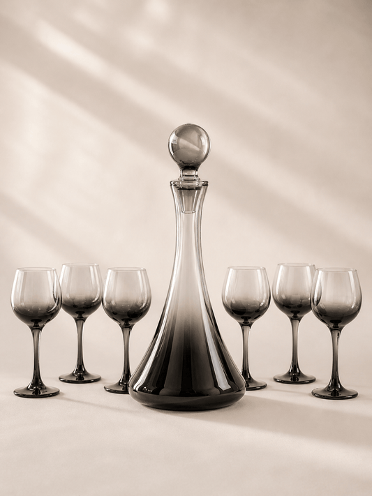 Carafe fumée en verre avec 6 verres à pied assortis, ensemble élégant pour servir des boissons.