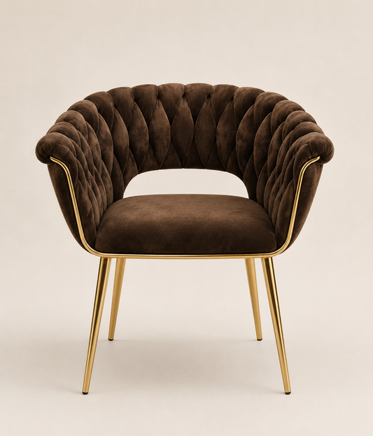Chaise cocon marron et doré de HomeDeLuxe avec assise rembourrée et structure élégante pour un style confortable et moderne.