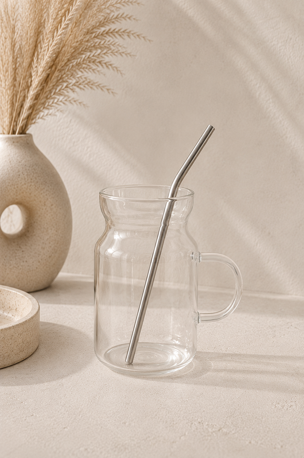 Duo de verres transparents et quatre pailles en inox de la marque HomeDeLuxe, tasses élégantes pour boissons rafraîchissantes.