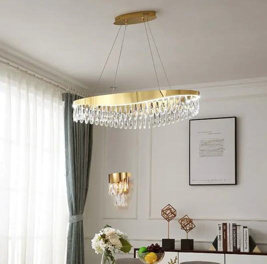 Lustre rond suspendu 60cm doré avec pampilles en verre