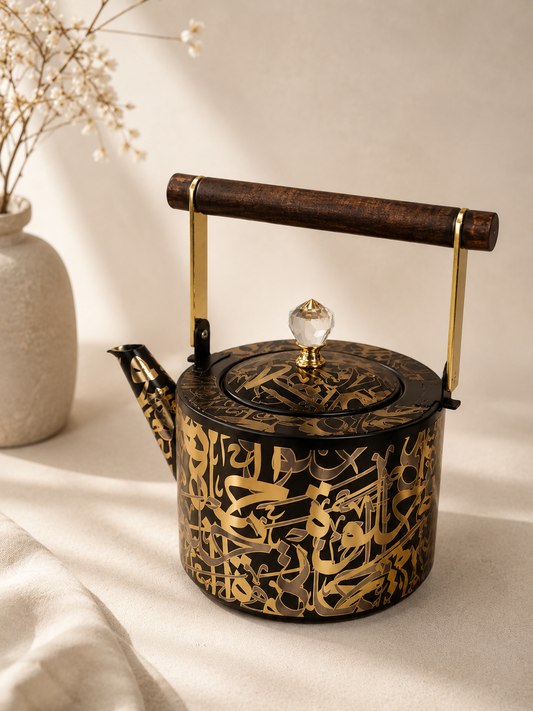 Théière noire et dorée de 1,5L avec écriture, design élégant pour infuser du thé, par HomeDeLuxe.
