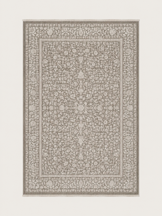 Tapis Rosaces de marque HomeDeLuxe avec motif floral beige et bleu, décoratif et doux pour le salon ou la chambre.