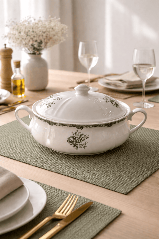 Soupière vintage verte de la marque HomeDeLuxe, en céramique avec un design élégant et classique visible sur l'image.