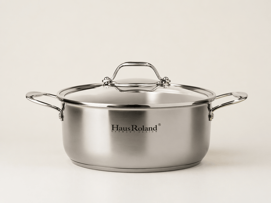 Marmite en inox HomeDeLuxe, casserole de cuisine en acier inoxydable, vue de dessus avec poignées latérales.