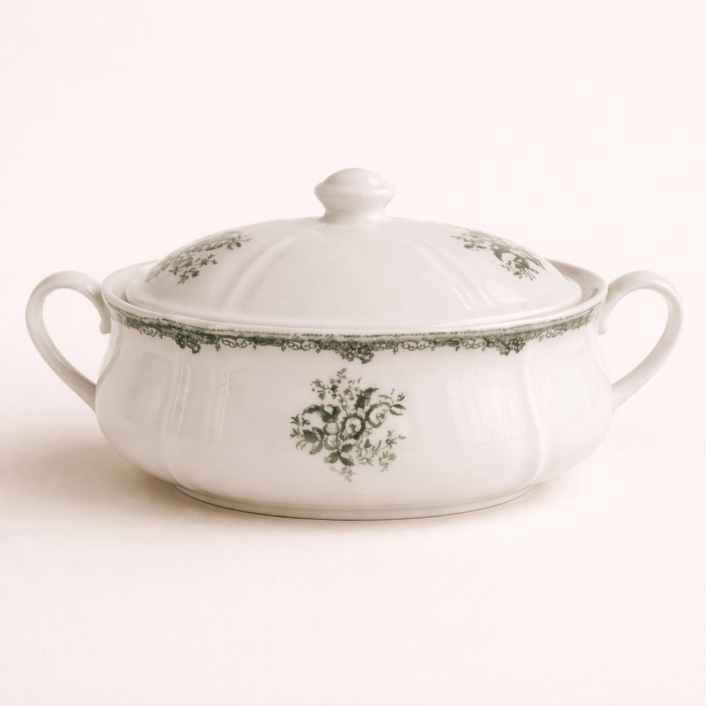 Soupière vintage aux motifs verts floraux délicats - Home de Luxe France 