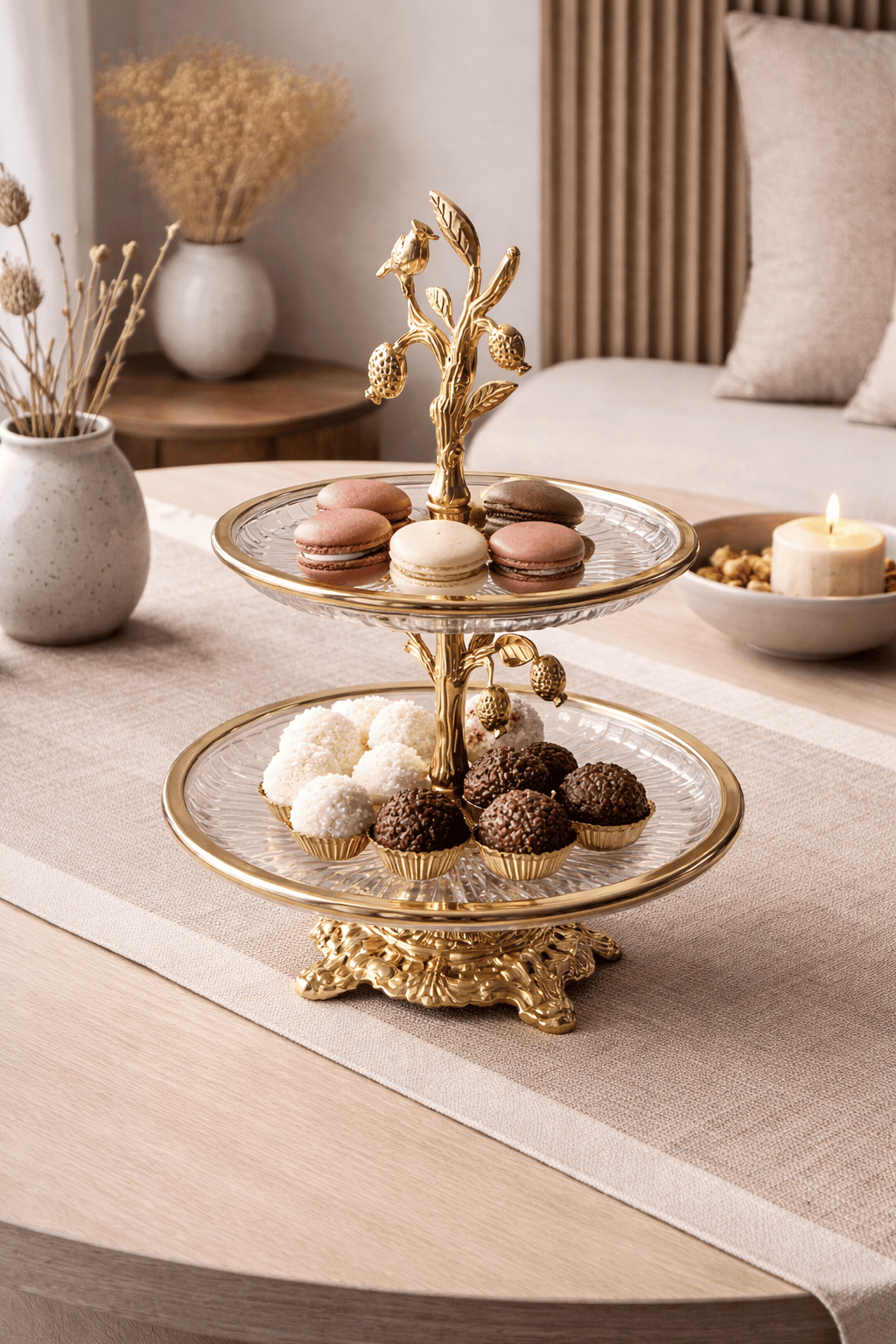 Présentoir rond de la marque HomeDeLuxe, idéal pour exposer des objets ou produits dans un style moderne et élégant.