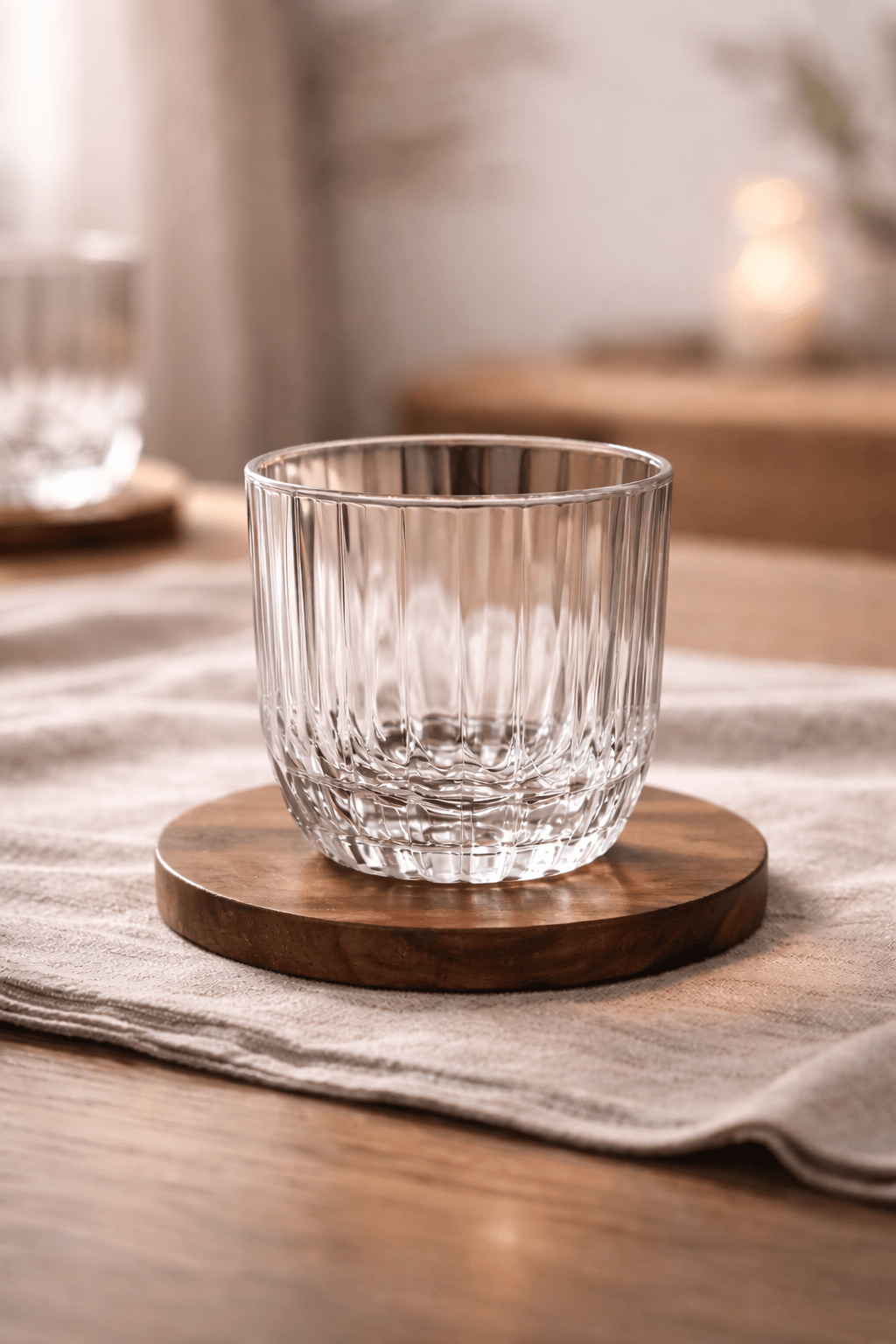 Six verres en cristal doré Linea de la marque HomeDeLuxe, élégants avec finition dorée, présentés en rangée sur une surface.