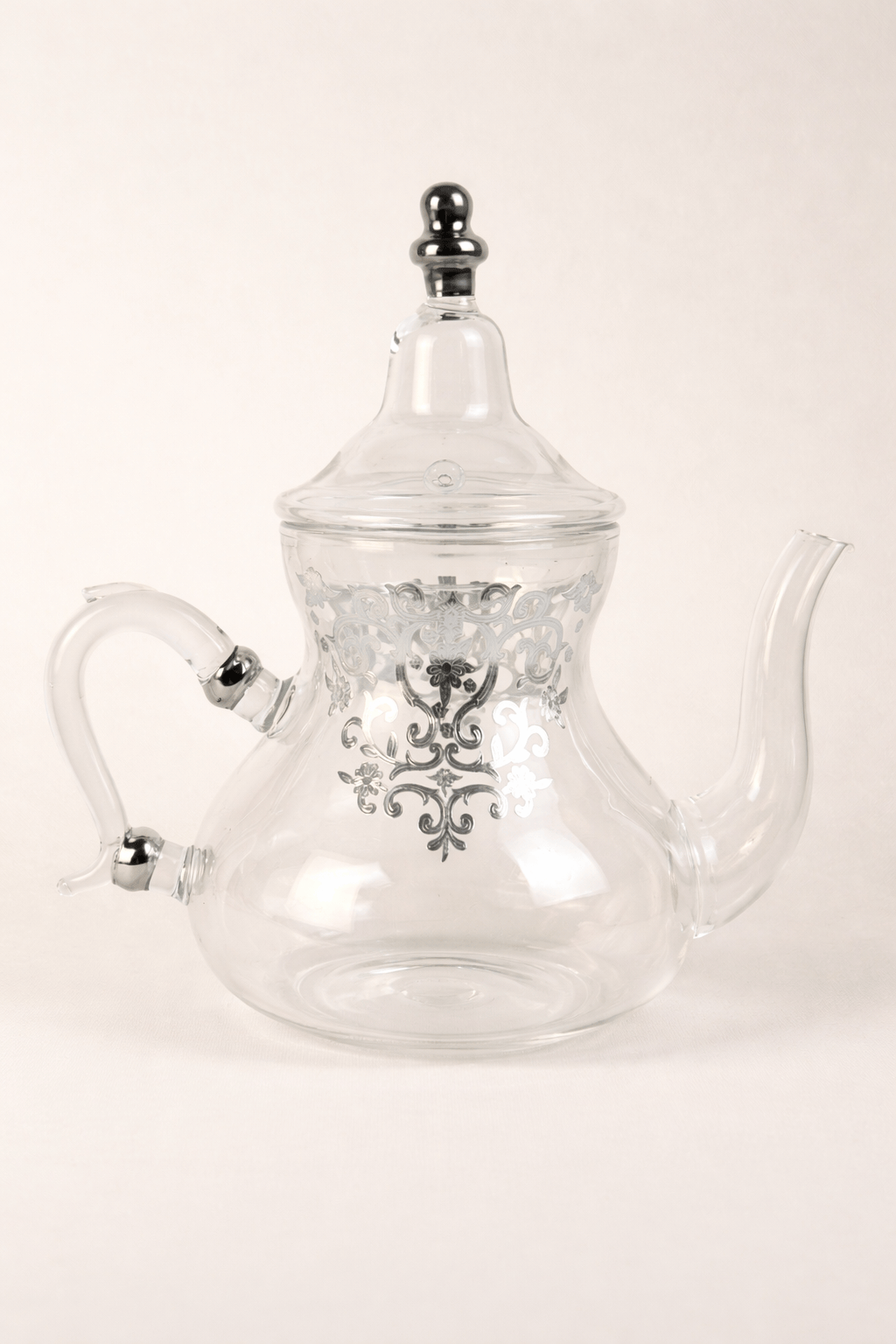 Théière élégante Rabat en verre transparent avec motifs argentés délicats - Home de Luxe France 