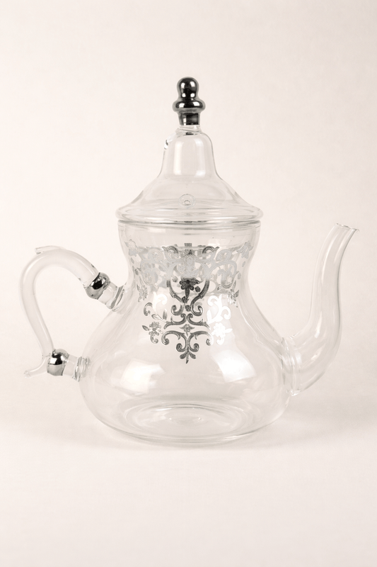 Théière élégante Rabat en verre transparent avec motifs argentés délicats - Home de Luxe France 