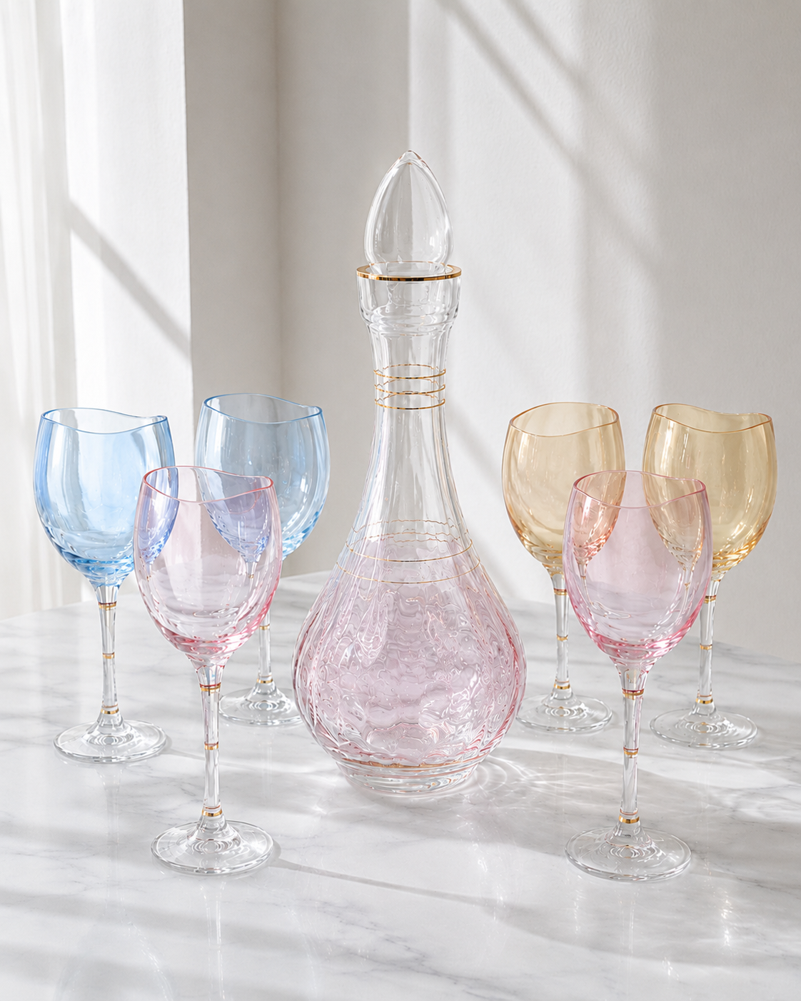 Carafes & 6 verres a pied colorés