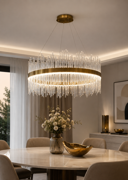 Lustre moderne HomeDeLuxe avec anneaux LED de 60cm, éclairage élégant pour salon ou salle à manger.