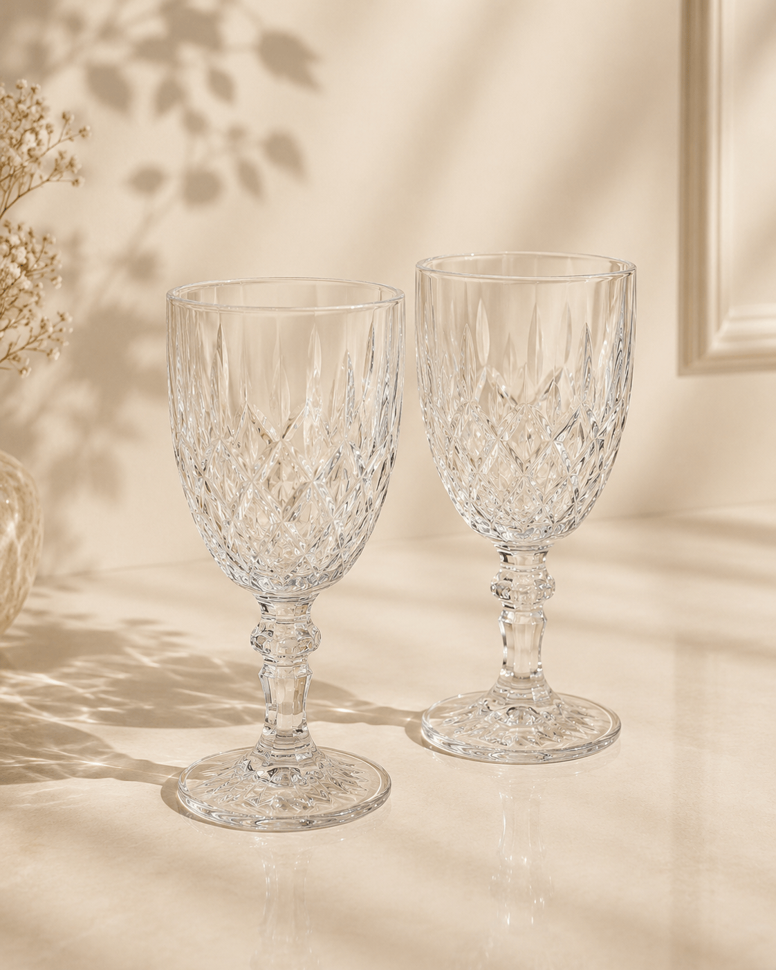 Six verres à pied en cristal de la marque HomeDeLuxe, avec tiges élégantes et coupes rondes transparentes.