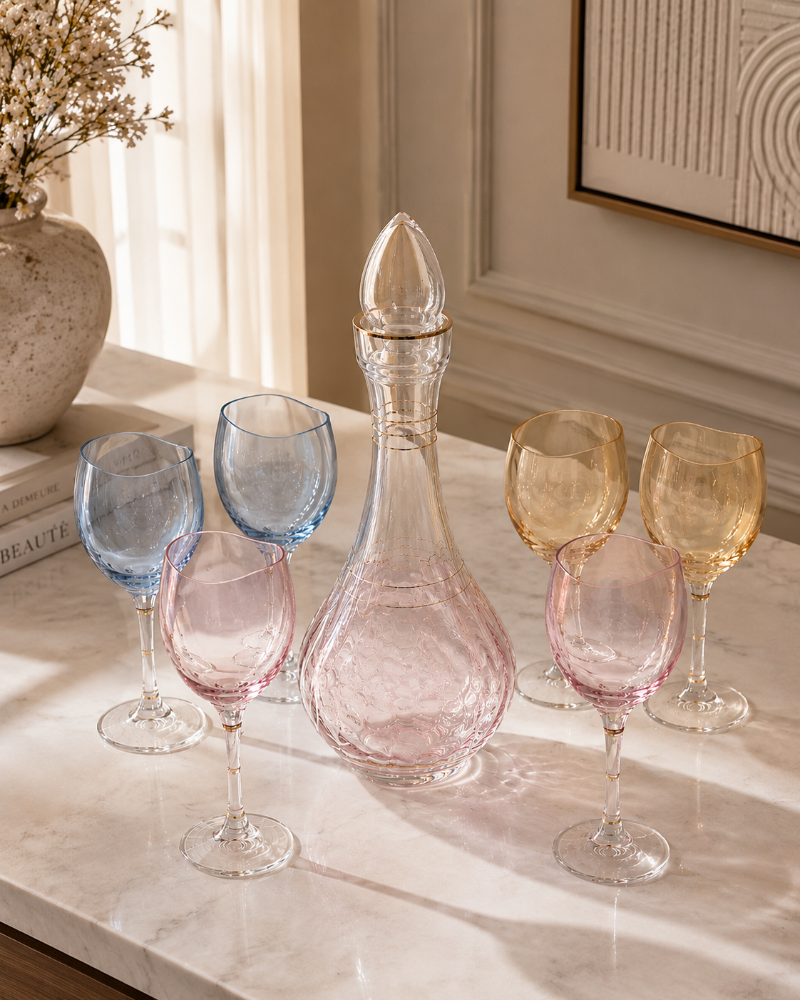 Carafes & 6 verres a pied colorés