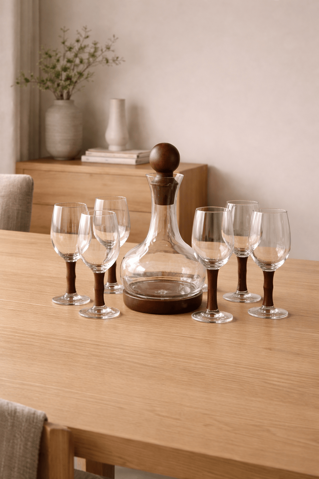 Carafes et verres en bois élégants de la marque HomeDeLuxe, parfaits pour servir boissons avec style.