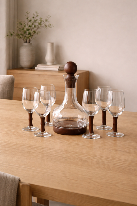 Carafes et verres en bois élégants de la marque HomeDeLuxe, parfaits pour servir boissons avec style.