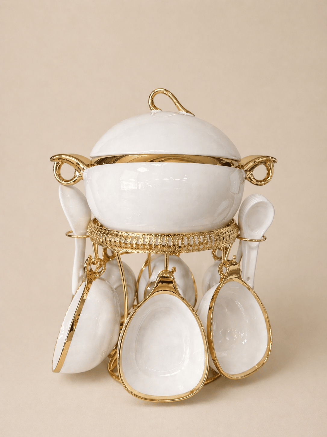 Soupière élégante en blanc et doré avec cuillères - Home de Luxe France 