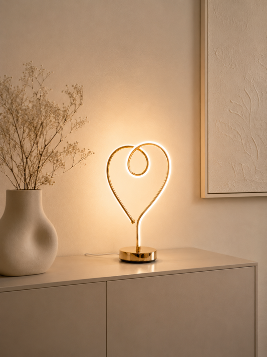 Lampe LED en forme de cœur de marque HomeDeLuxe, illuminant avec une lumière douce et décorative.