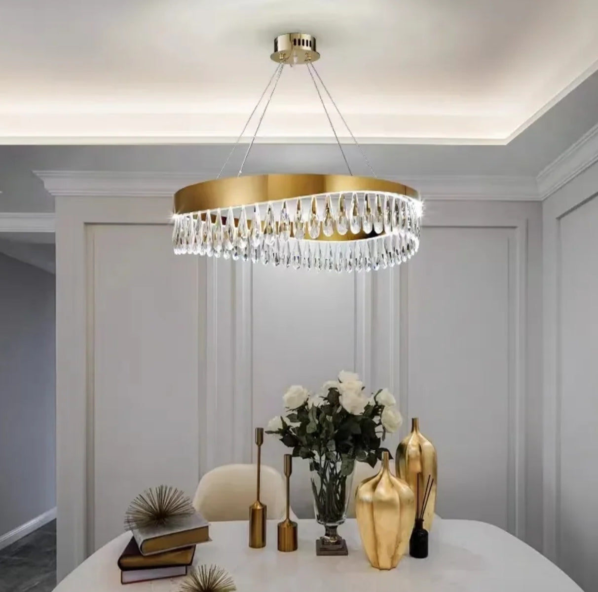 Lustre rond suspendu 60cm doré avec pampilles en verre