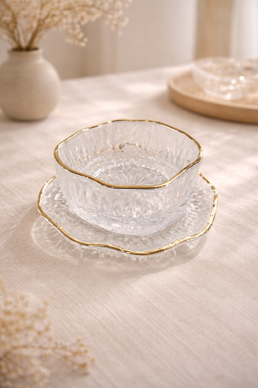 Six bols et soucoupes en céramique de la marque HomeDeLuxe, avec motifs élégants, présentés en lot.