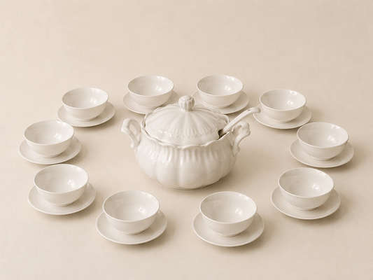 Soupière blanche élégante complète avec cuillère de service et douze bols assortis - Home de Luxe France 