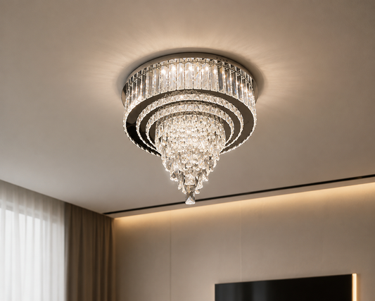 Lustre cascade en verre transparent et métal noir, éclairage élégant pour salon ou salle à manger, de la marque HomeDeLuxe.