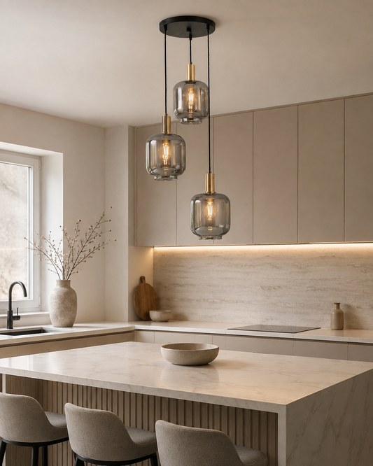 Lustre Ambre en cascade de la marque HomeDeLuxe avec plusieurs ampoules suspendues en verre transparent.