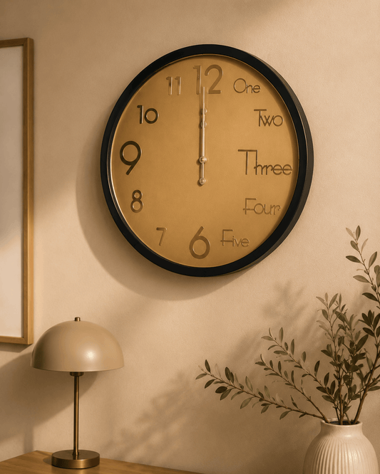 Horloge dorée HomeDeLuxe avec cadran élégant et aiguilles noires, affichant l'heure dans un style moderne et sophistiqué.