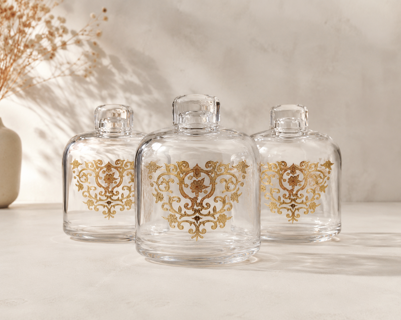Trio de mini bocaux dorés