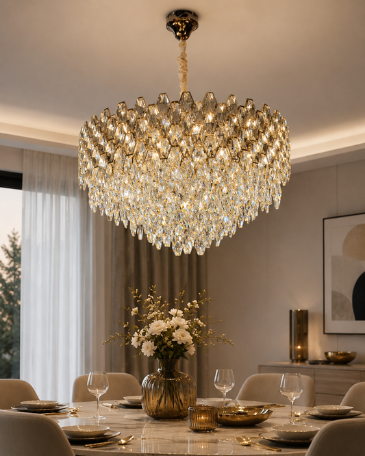 Lustre Perla de HomeDeLuxe avec pendentifs en verre transparent et cadre en métal, design élégant pour salon ou salle à manger.