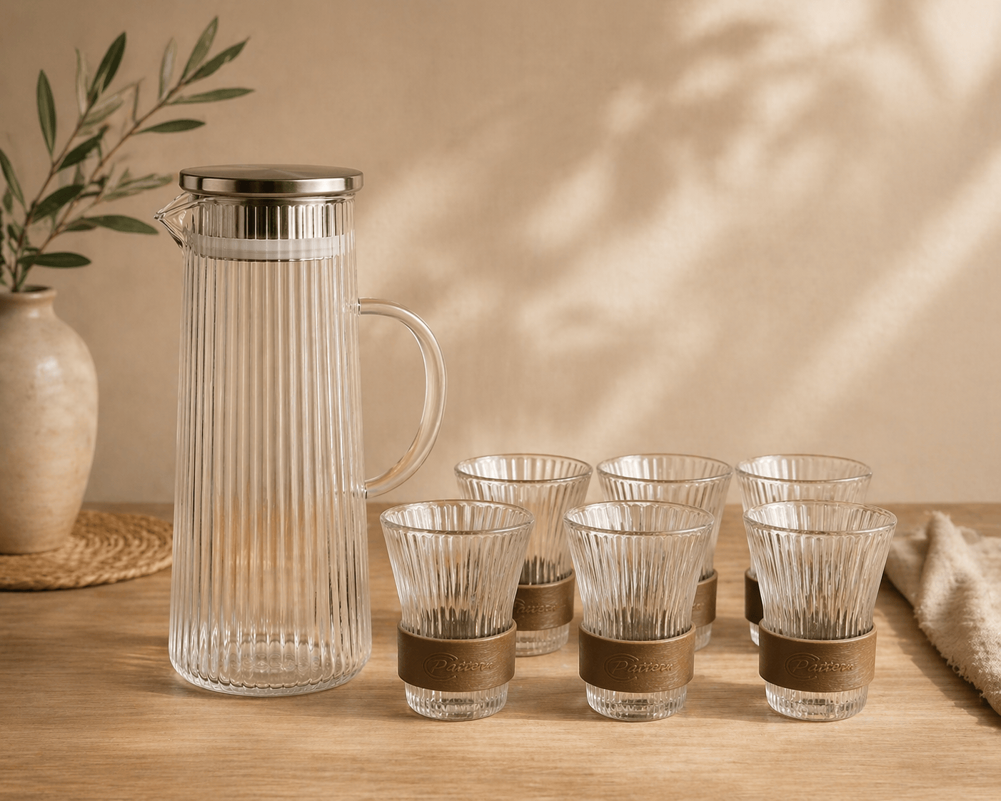 Carafe en verre avec six verres à boire de la marque HomeDeLuxe, élégants et transparents, sur fond neutre.