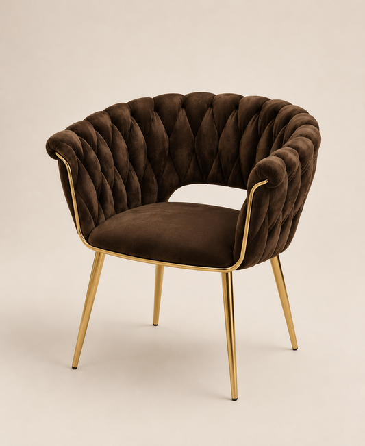 Chaise Cocon marron et doré de HomeDeLuxe, assise rembourrée avec dossier arrondi, design élégant et moderne.