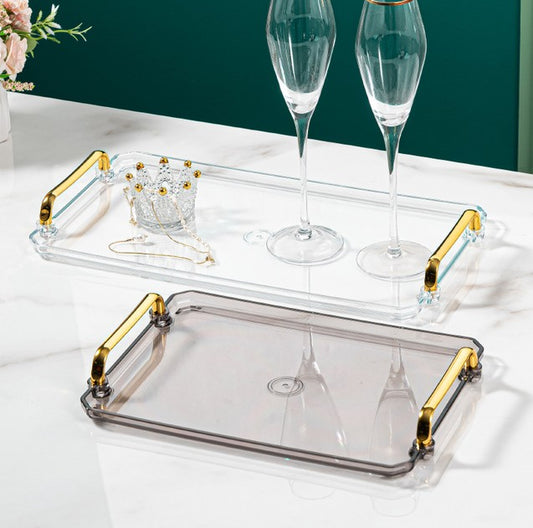 Plateau décoratif rectangulaire en plastique effet verre avec poignées dorées