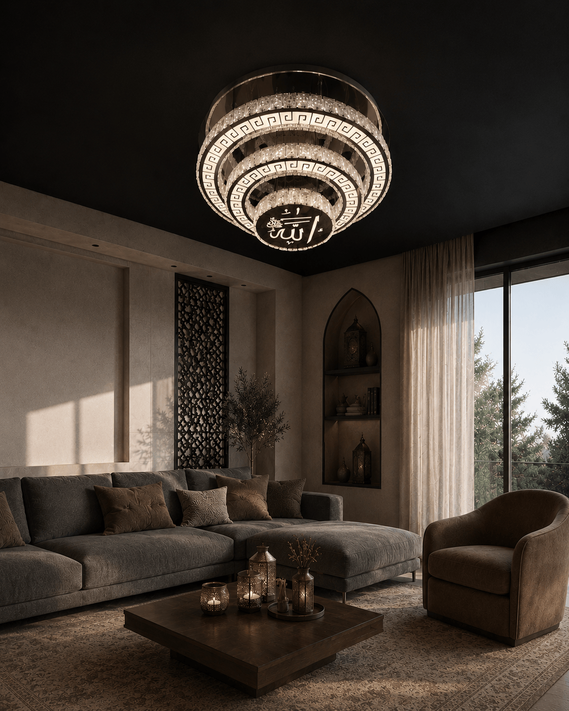 Lustre LED design moderne avec calligraphie arabe, éclairage élégant pour plafond, de la marque HomeDeLuxe.