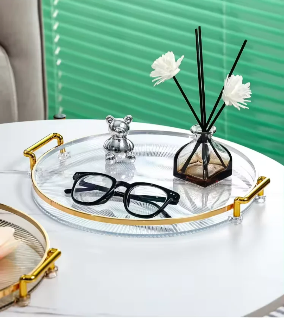 Plateau décoratif rond en plastique effet verre