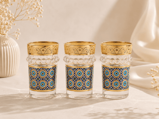 Verres à thé Fes Royale de HomeDeLuxe, en verre transparent avec décor élégant, idéal pour servir le thé.