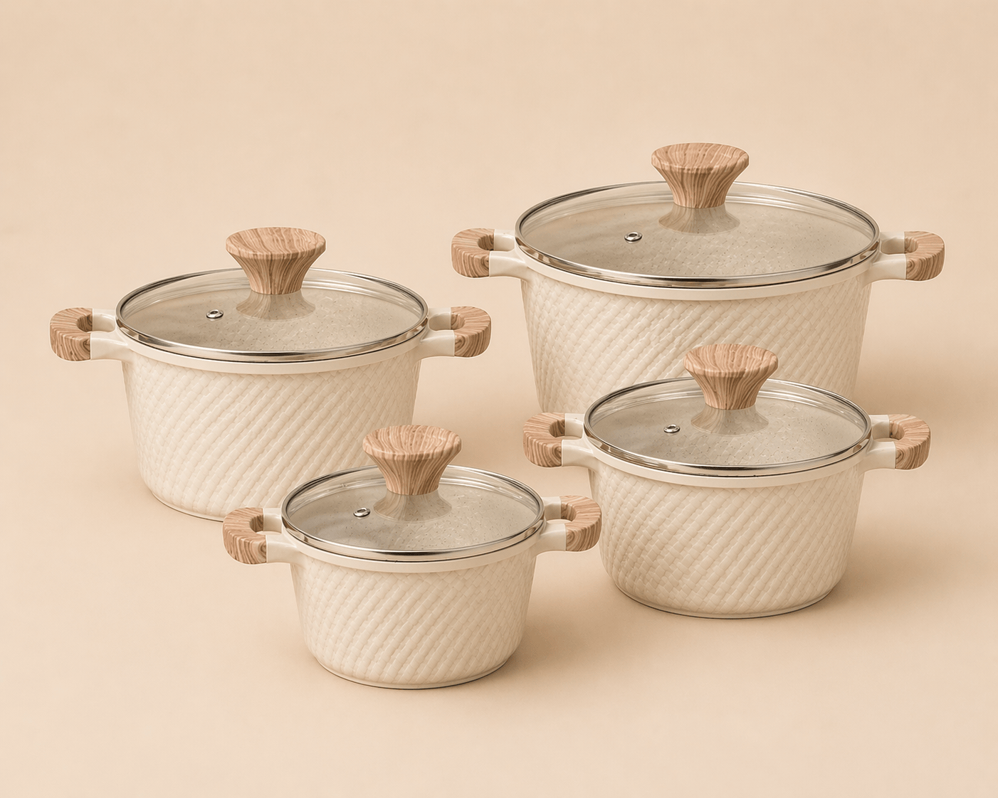 Ensemble de quatre marmites beige avec poignées marron premium - Home de Luxe France 