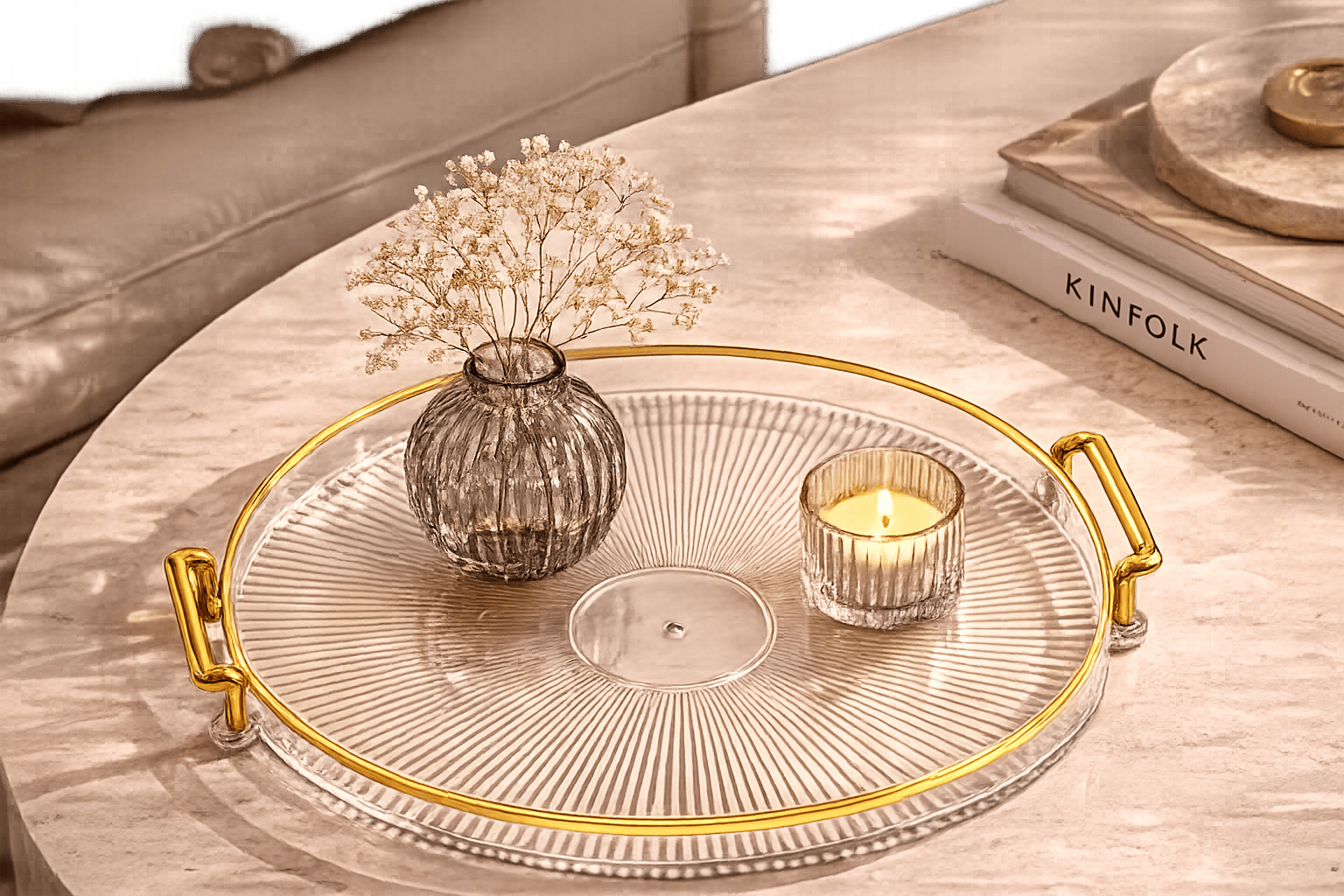 Plateau décoratif rond en plastique effet verre – Home de Luxe France 