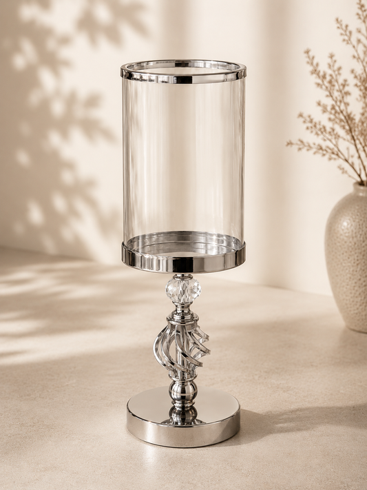 Bougeoir en cristal argenté luxe de HomeDeLuxe, élégant support pour bougie avec finition brillante.